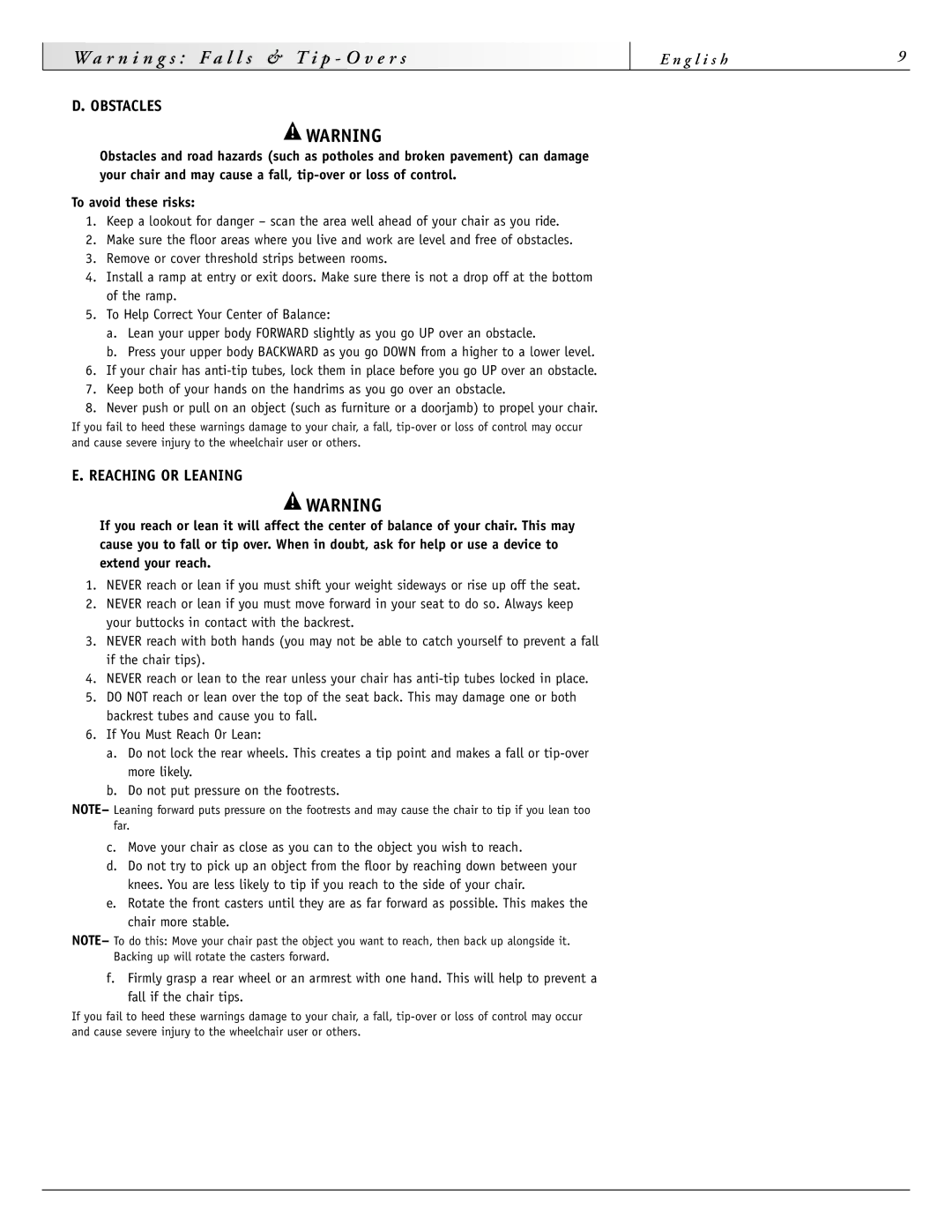 Sunrise Medical 4000 Series, 2000HD Series, 3000 Series, 2000 Series instruction manual Obstacles, Reaching or Leaning 