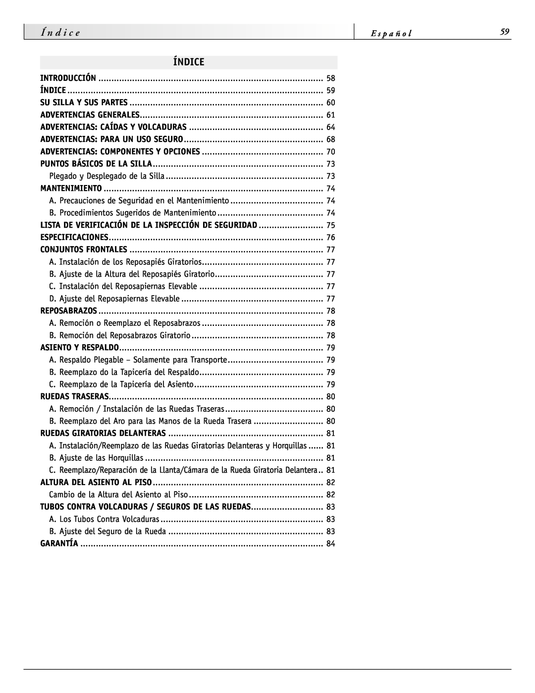 Sunrise Medical 2000 Series Índice, Í n d i c e, E s p a ñ o l, Lista De Verificación De La Inspección De Seguridad 