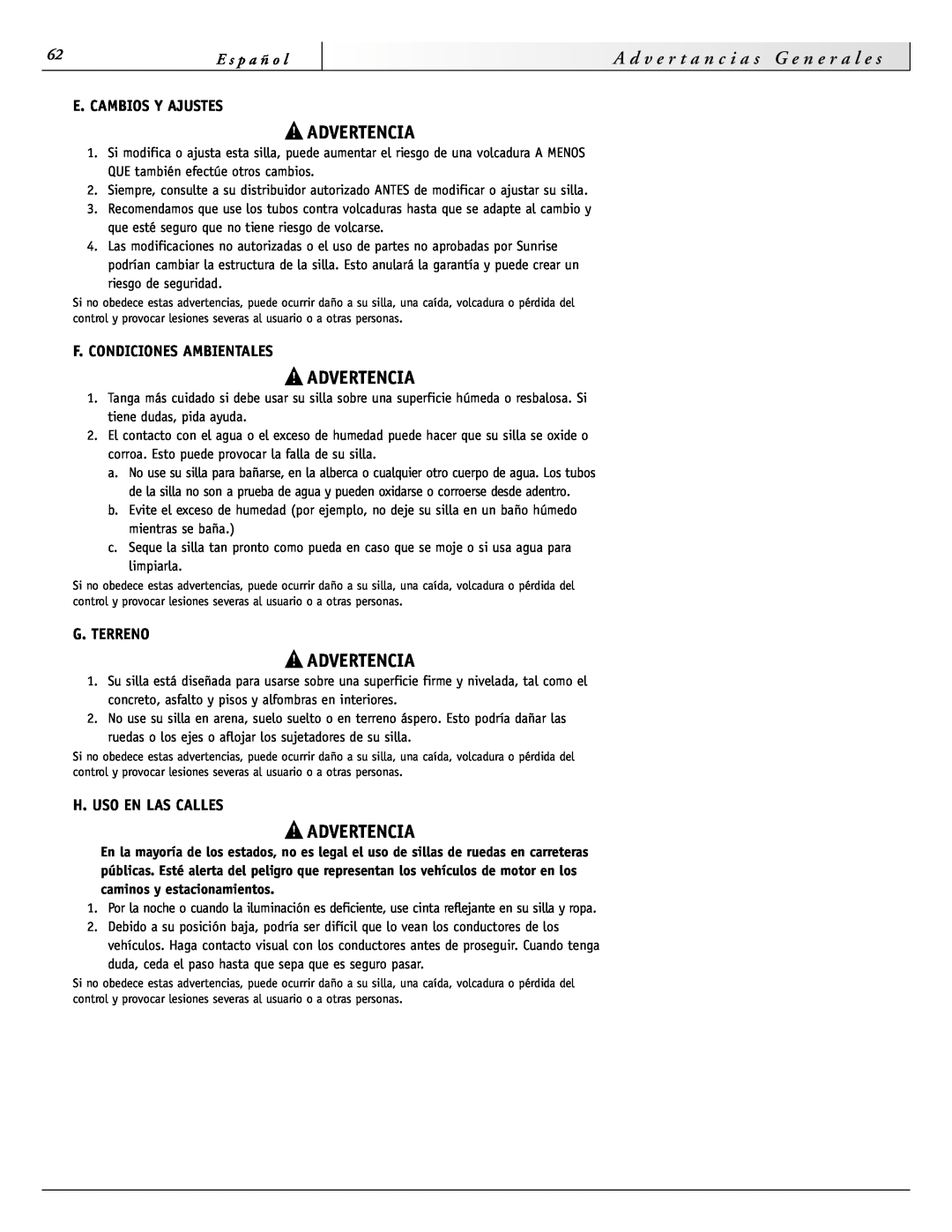Sunrise Medical 3000 Series G e n e r a l e s, E. Cambios Y Ajustes, F. Condiciones Ambientales, G. Terreno, Advertencia 
