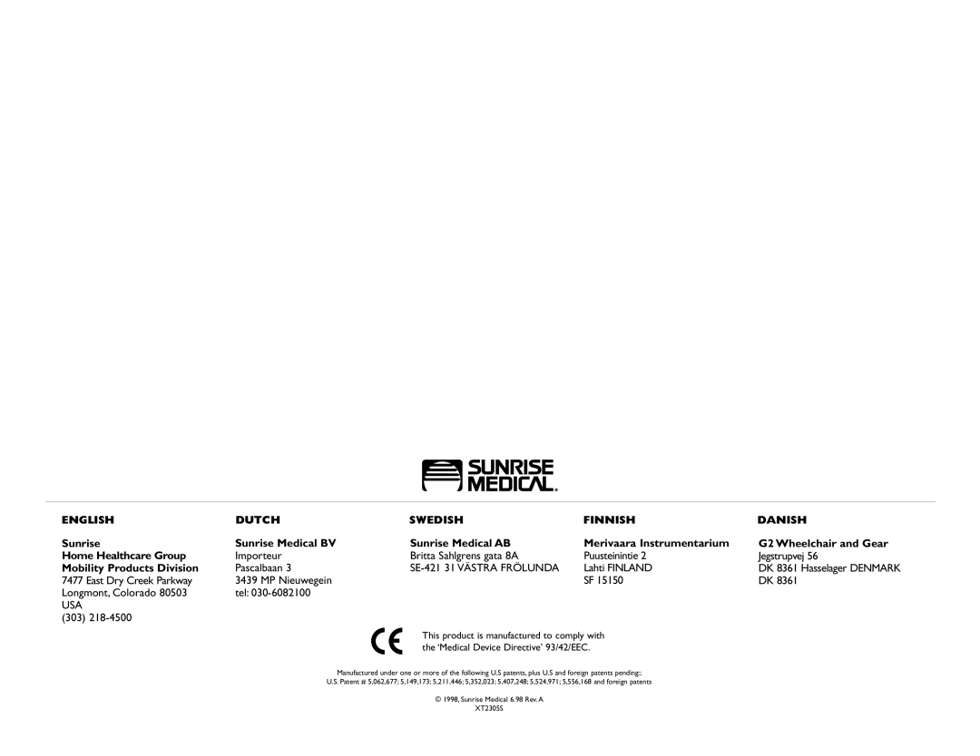 Sunrise Medical 2300 SERIES instruction manual English Dutch Swedish Finnish Danish 