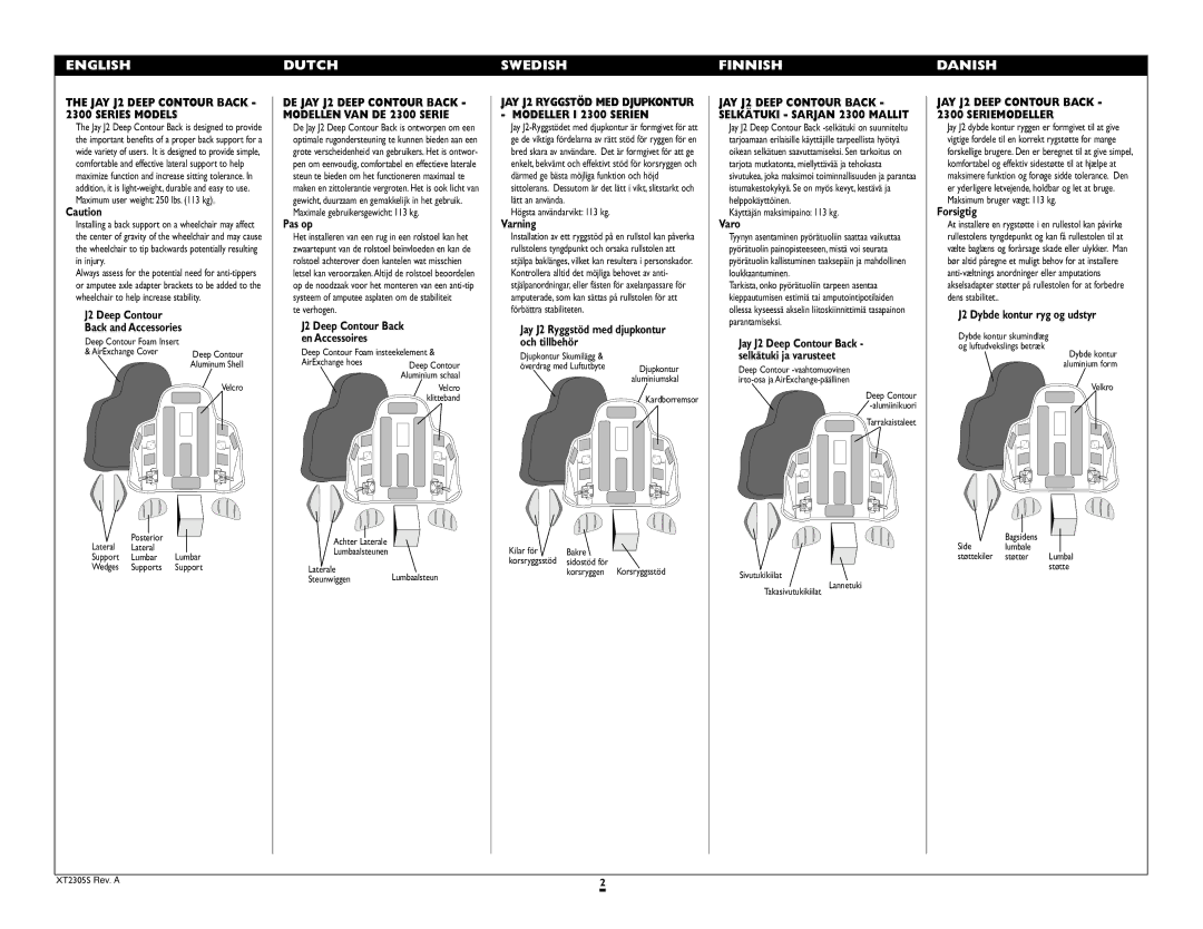 Sunrise Medical 2300 SERIES instruction manual JAY J2 Deep Contour Back 2300 Series Models, Modeller I 2300 Serien 