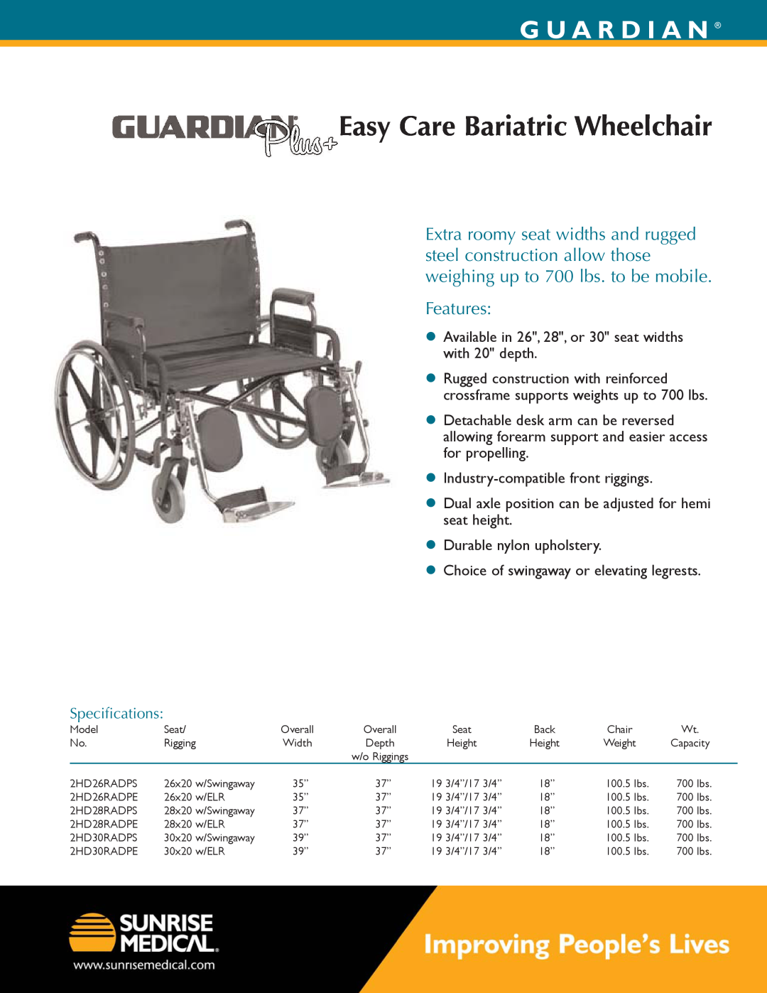 Sunrise Medical 2HD26RADPS, 2HD30RADPS specifications Guardian Easy Care Bariatric Wheelchair, G U A R D I A N, Features 