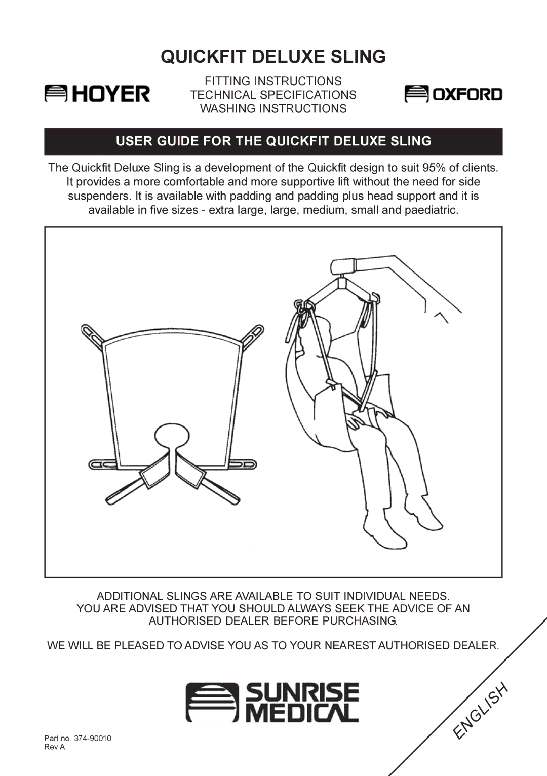 Sunrise Medical 374-90010 technical specifications User Guide for the Quickfit Deluxe Sling 