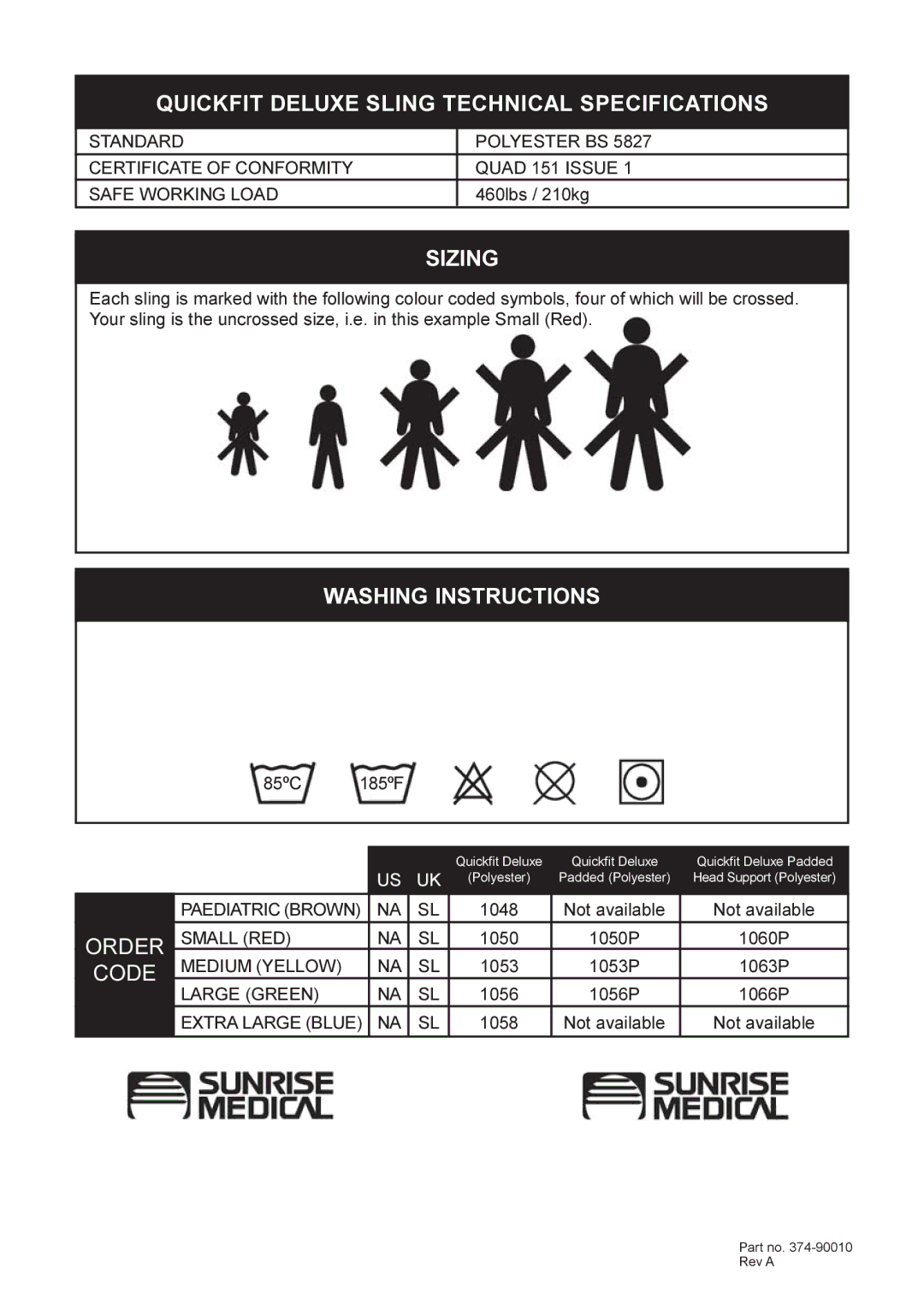 Sunrise Medical 374-90010 Quickfit Deluxe Sling Technical Specifications, Sizing, Washing Instructions 