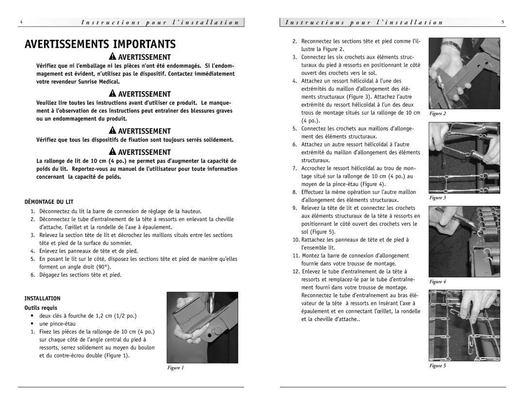 Sunrise Medical 4 Extender instruction manual Avertissements Importants, Démontage DU LIT, Outils requis 