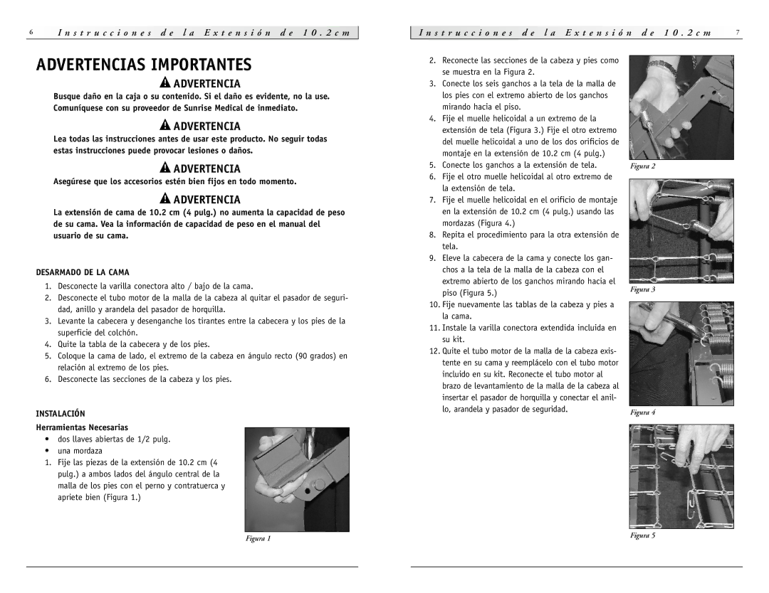 Sunrise Medical 4 Extender Advertencias Importantes, Desarmado DE LA Cama, Instalación, Herramientas Necesarias 