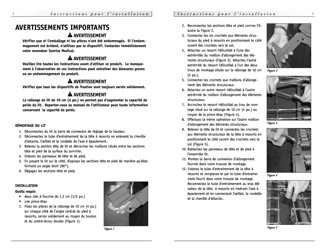 Sunrise Medical 4" Extender instruction manual Avertissements Importants, c t i o 