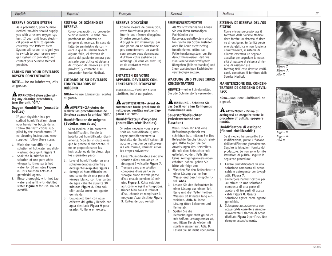 Sunrise Medical 515 SERIES Reserva, Sigeno, Entretien DE Votre, Oxygen Concentrator, Cuidado DE SU Devilbiss, Oxígeno 