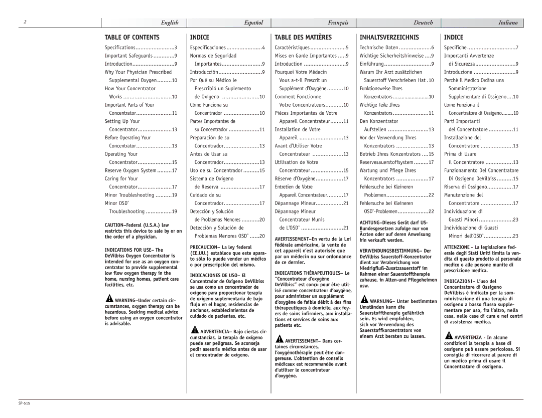 Sunrise Medical 515 SERIES manual Table of Contents, Table DES Matières, Inhaltsverzeichnis 