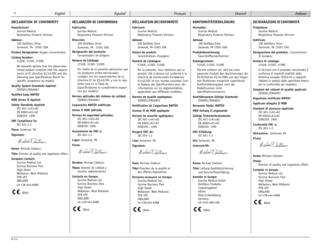 Sunrise Medical 515 SERIES manual Declaration of Conformity, Declaración DE Conformidad, Déclaration Deconformité 