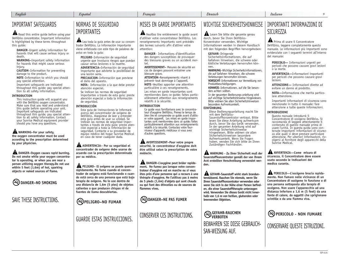 Sunrise Medical 515 SERIES manual Important Safeguards, NOTA-Informazione che merita partico- lare attenzione 