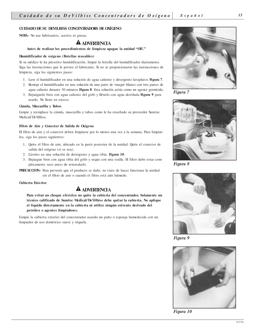 Sunrise Medical 515A manual Cuidado DE SU Devilbiss Concentradors DE Oxígeno, Cánula, Mascarilla y Tubos, Cubierta Exterior 