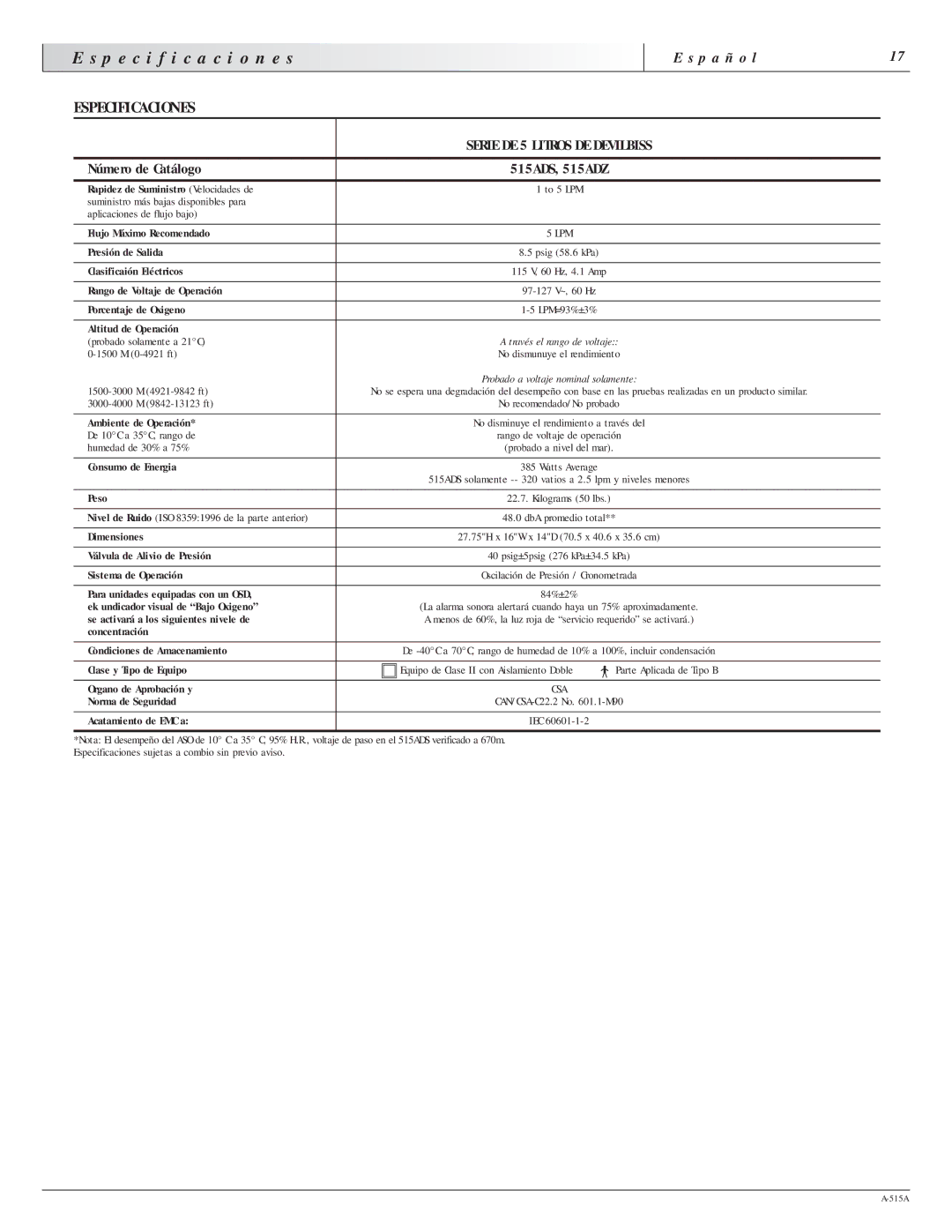 Sunrise Medical 515A manual Especificaciones, Número de Catálogo 