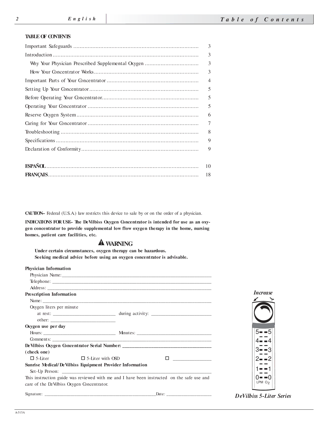 Sunrise Medical 515A manual B l e N t e n t s, Increase, DeVilbiss 5-Liter Series 