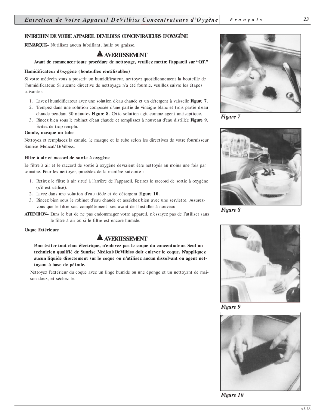 Sunrise Medical 515A manual Canule, masque ou tube, Filtre à air et raccord de sortie à oxygène, Coque Extérieure 