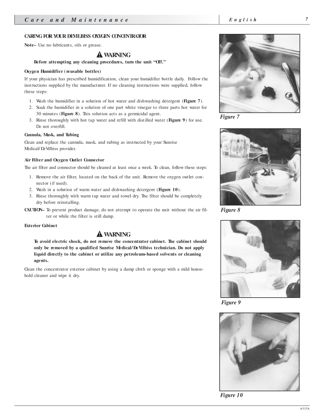 Sunrise Medical 515A manual R e, Caring for Your Devilbiss Oxygen Concentrator, Cannula, Mask, and Tubing 