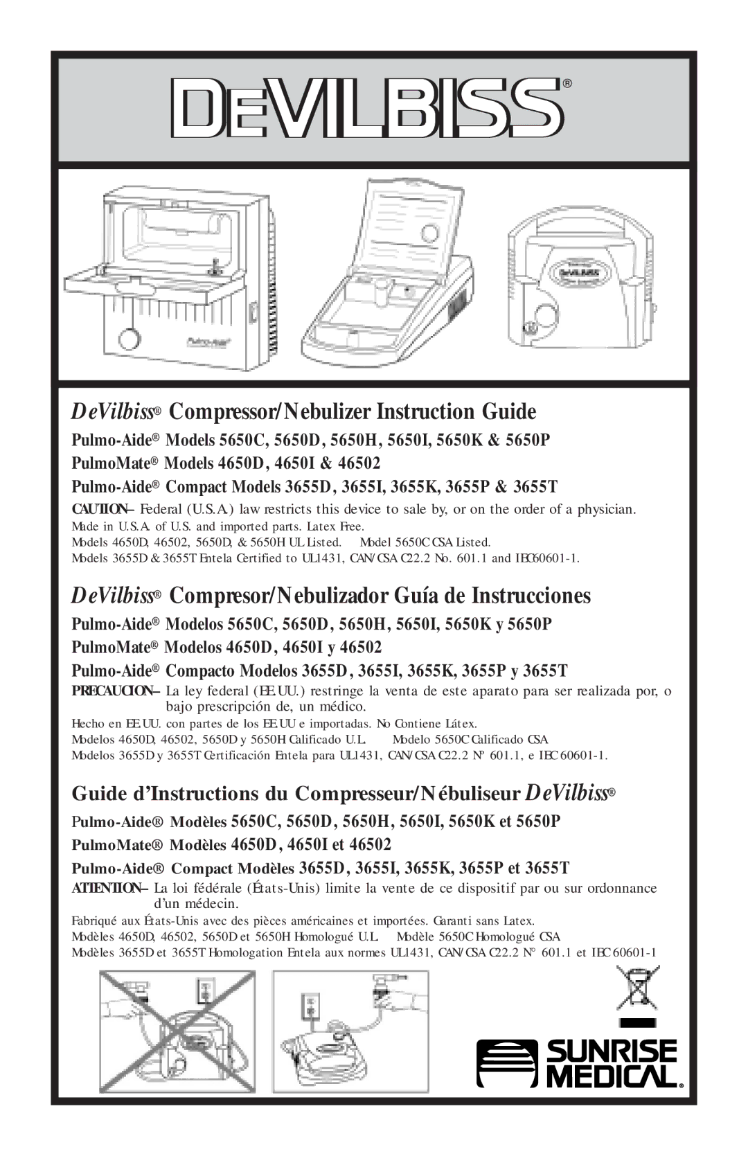 Sunrise Medical 5650H, 5650P, 3655D, 4650I, 3655P, 3655K, 46502, 5650C manual DeVilbiss Compressor/Nebulizer Instruction Guide 