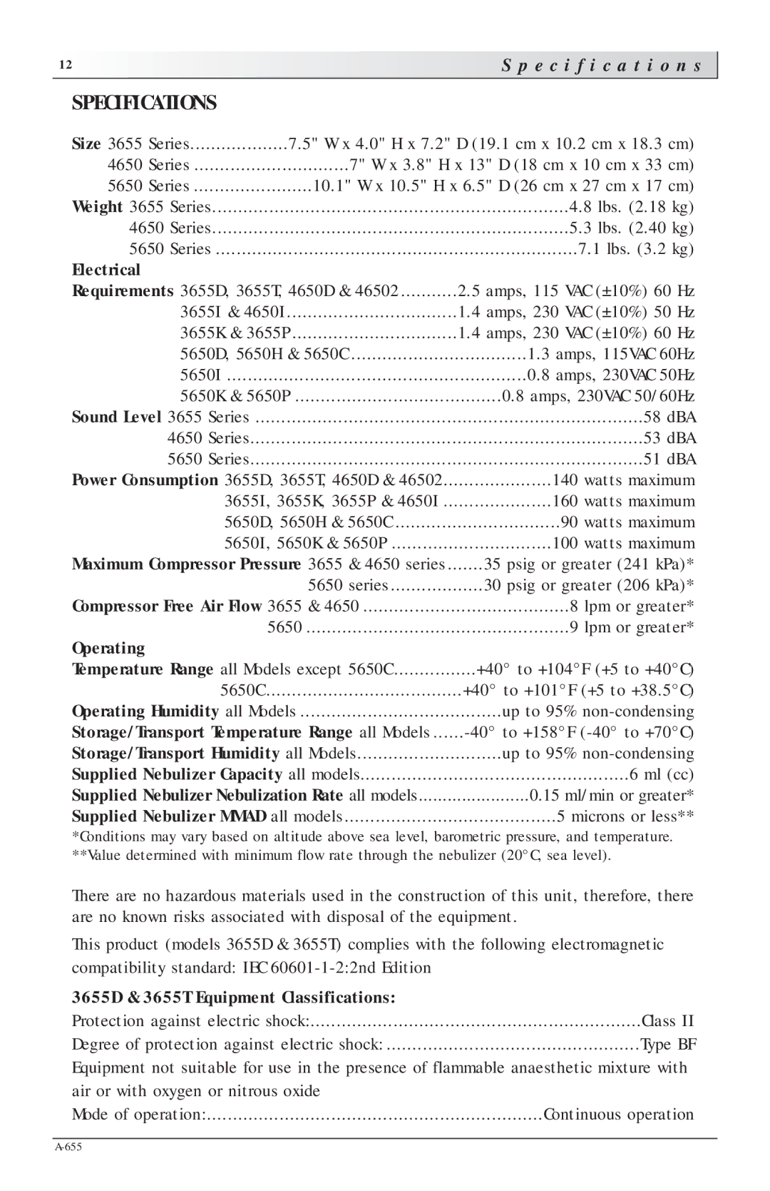 Sunrise Medical 5650K Specifications, Specification s, Electrical, Operating, 3655D & 3655T Equipment Classifications 