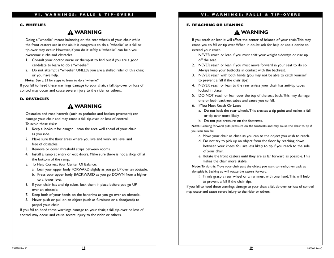 Sunrise Medical 600 SERIES, 500 SERIES instruction manual Wheelies, Obstacles, Reaching or Leaning 