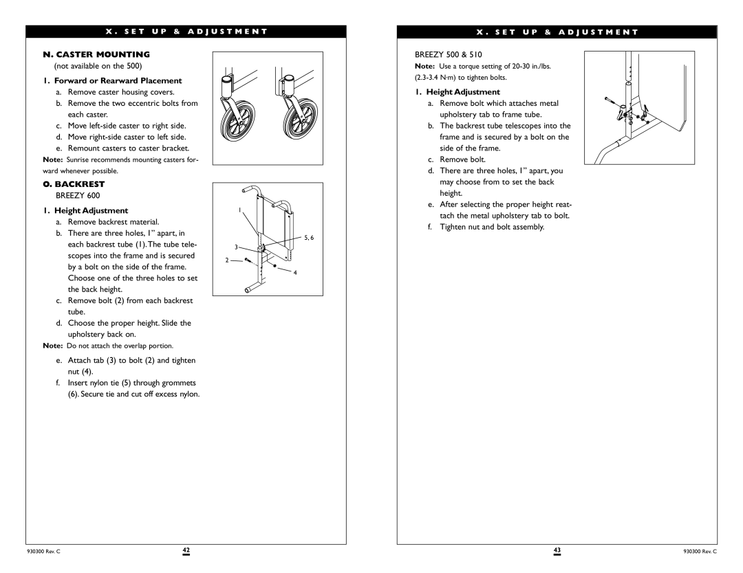 Sunrise Medical 600 SERIES, 500 SERIES instruction manual Caster Mounting, Forward or Rearward Placement, Backrest Breezy 