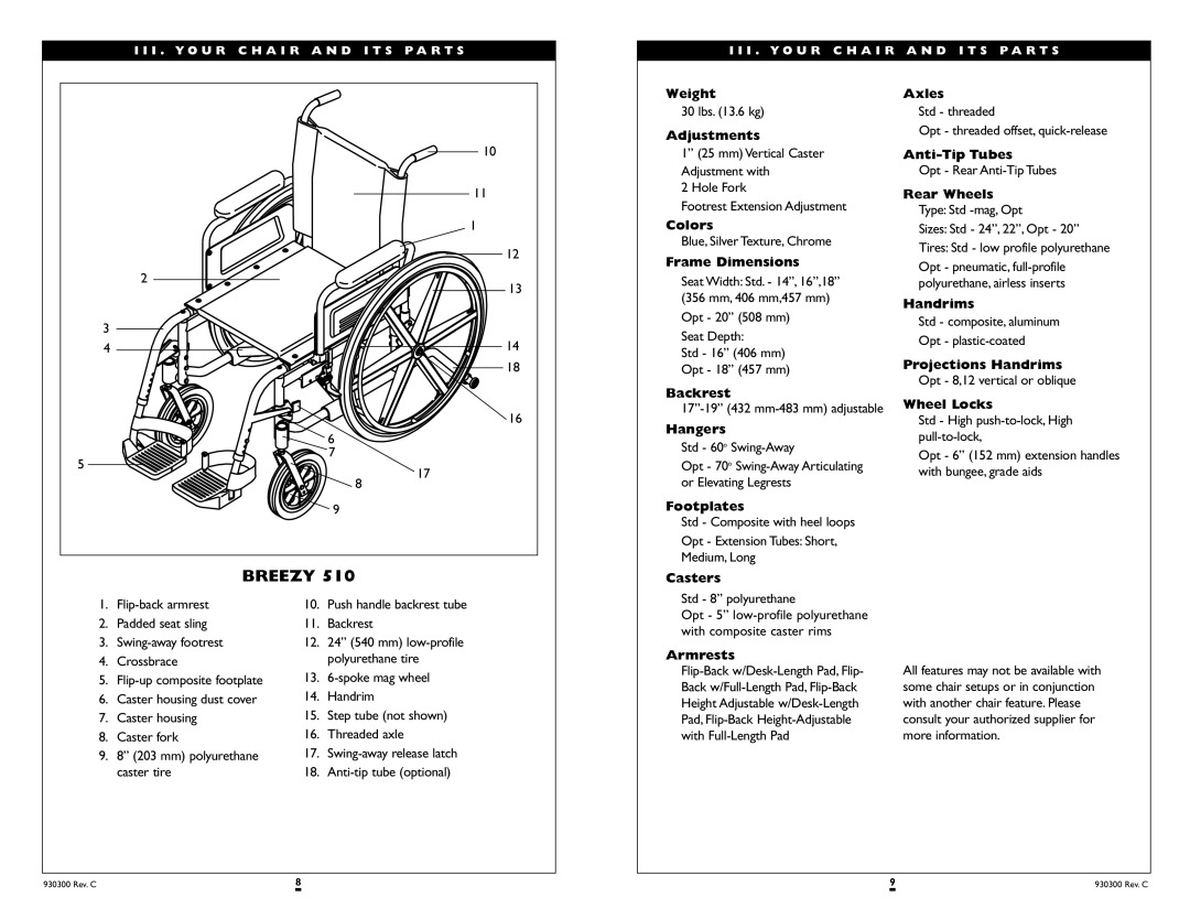 Sunrise Medical 500 SERIES, 600 SERIES instruction manual Casters Axles, Projections Handrims 