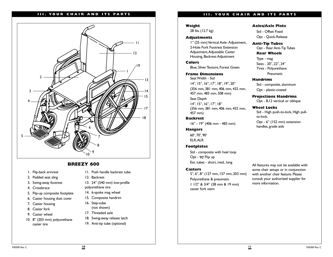 Sunrise Medical 600 SERIES, 500 SERIES instruction manual Casters Axles/Axle Plate 