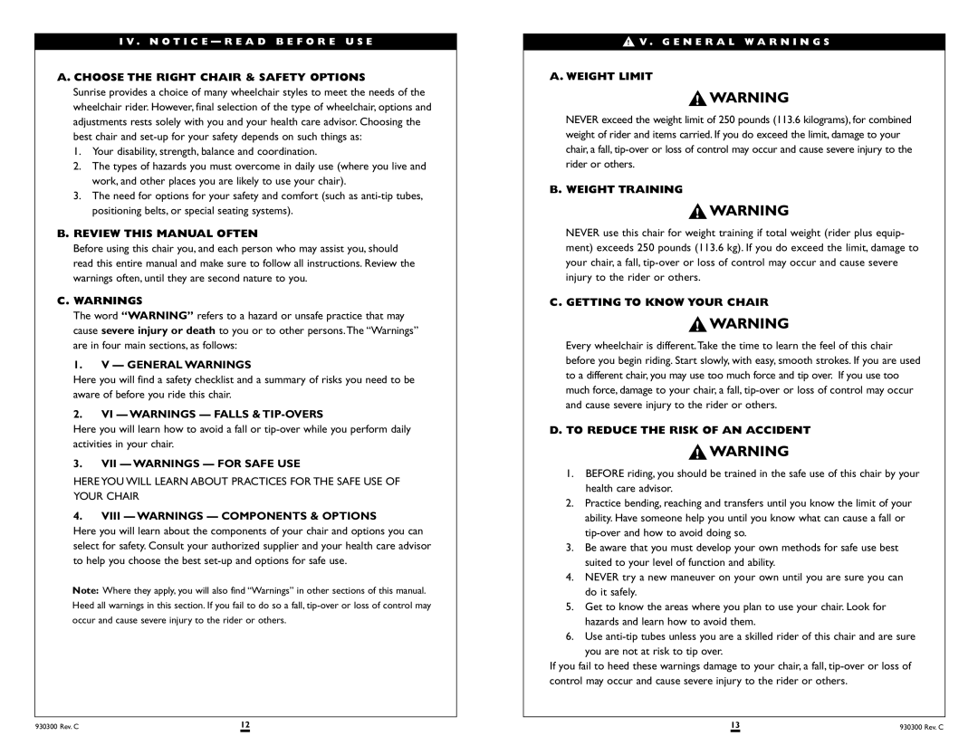 Sunrise Medical 500 SERIES, 600 SERIES Choose the Right Chair & Safety Options, Review this Manual Often, General Warnings 