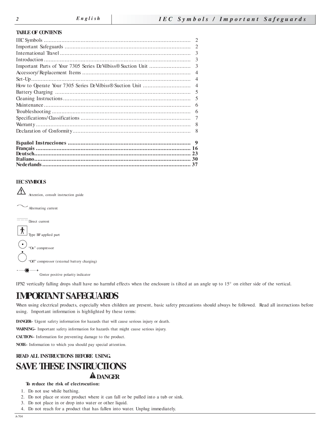 Sunrise Medical 7305 Important Safeguards, C S y m b o l s / I m p o r t a n t S a f e g u a r d s, Table of Contents 