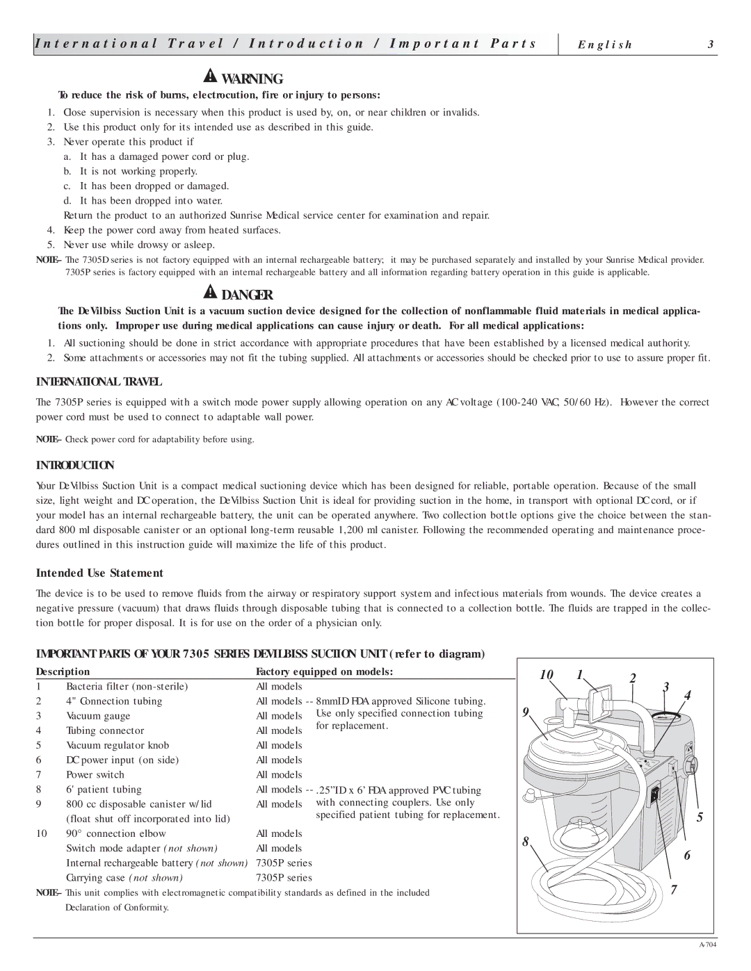 Sunrise Medical 7305 manual G l i s h, International Travel, Introduction, Description Factory equipped on models 