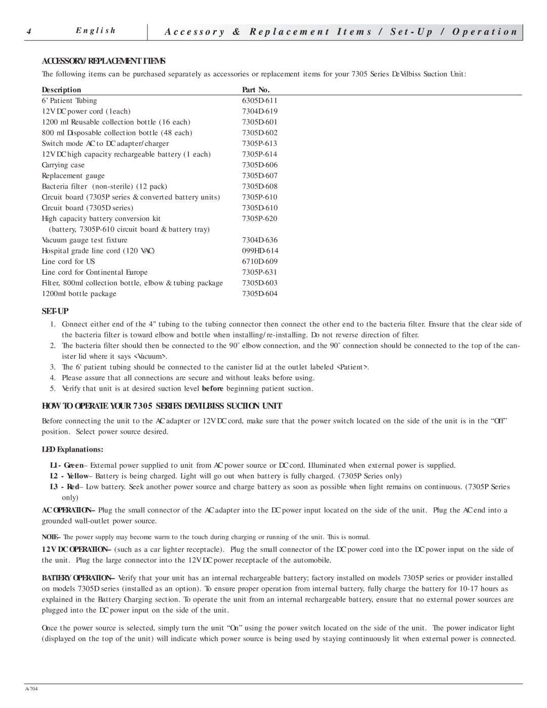 Sunrise Medical manual ACCESSORY/REPLACEMENT Items, Set-Up, HOW to Operate Your 7305 Series Devilbiss Suction Unit 