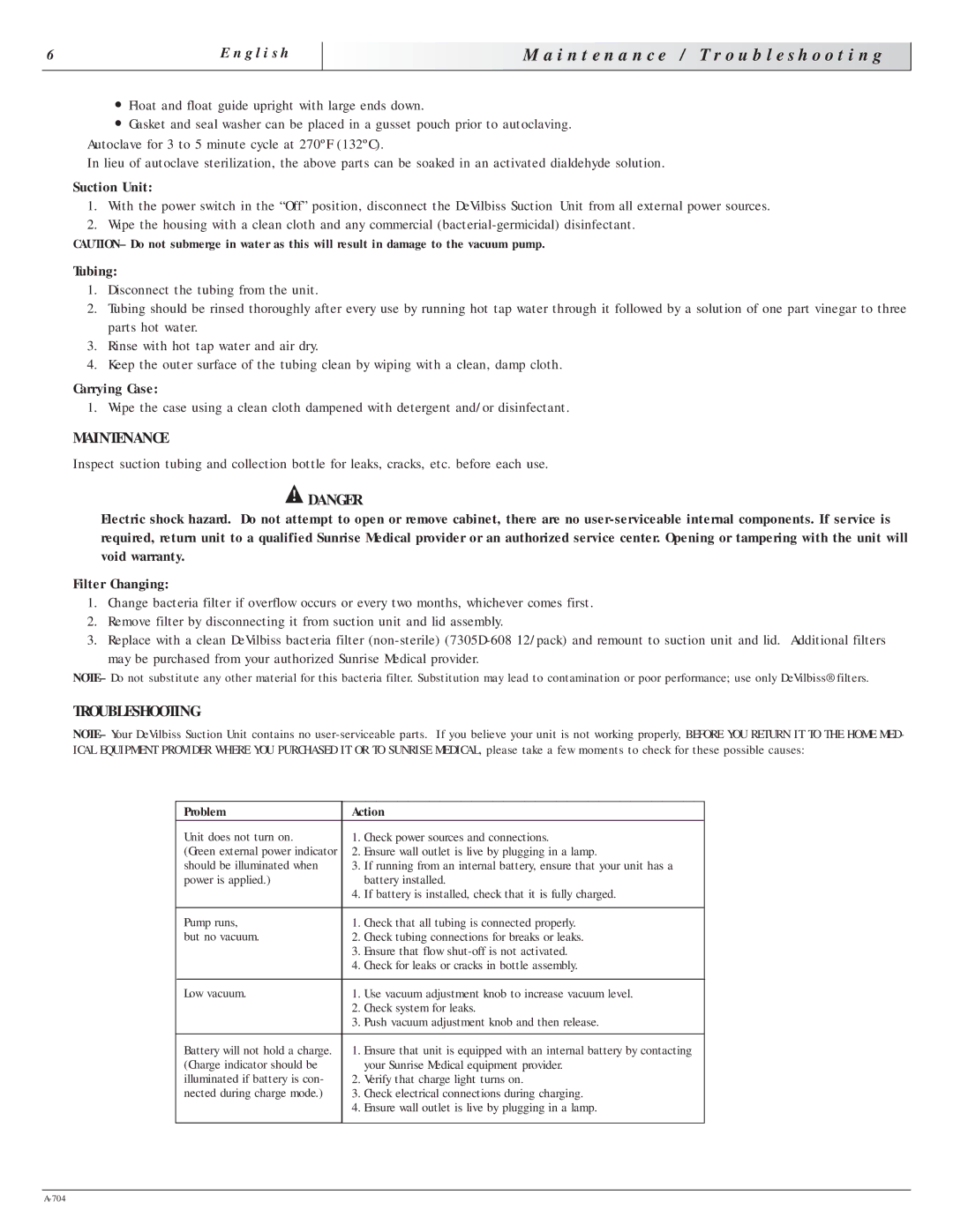 Sunrise Medical 7305 manual I n t e n a n c e Troubleshooting, Maintenance 