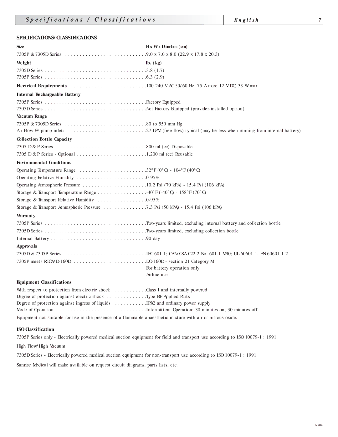 Sunrise Medical 7305 Size W x D inches cm, Weight Lb. kg, Internal Rechargeable Battery, Vacuum Range, Warranty, Approvals 