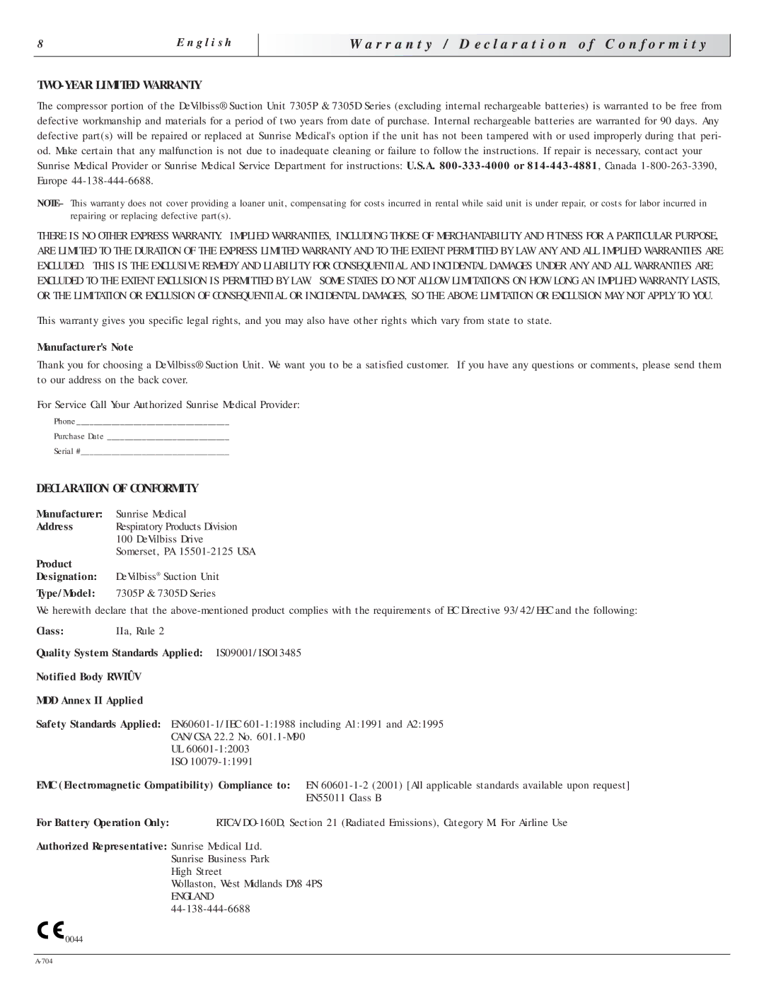 Sunrise Medical 7305 manual R r a n t y / D e c l a r a t i o n o f C o n f o r m i t y, TWO-YEAR Limited Warranty 