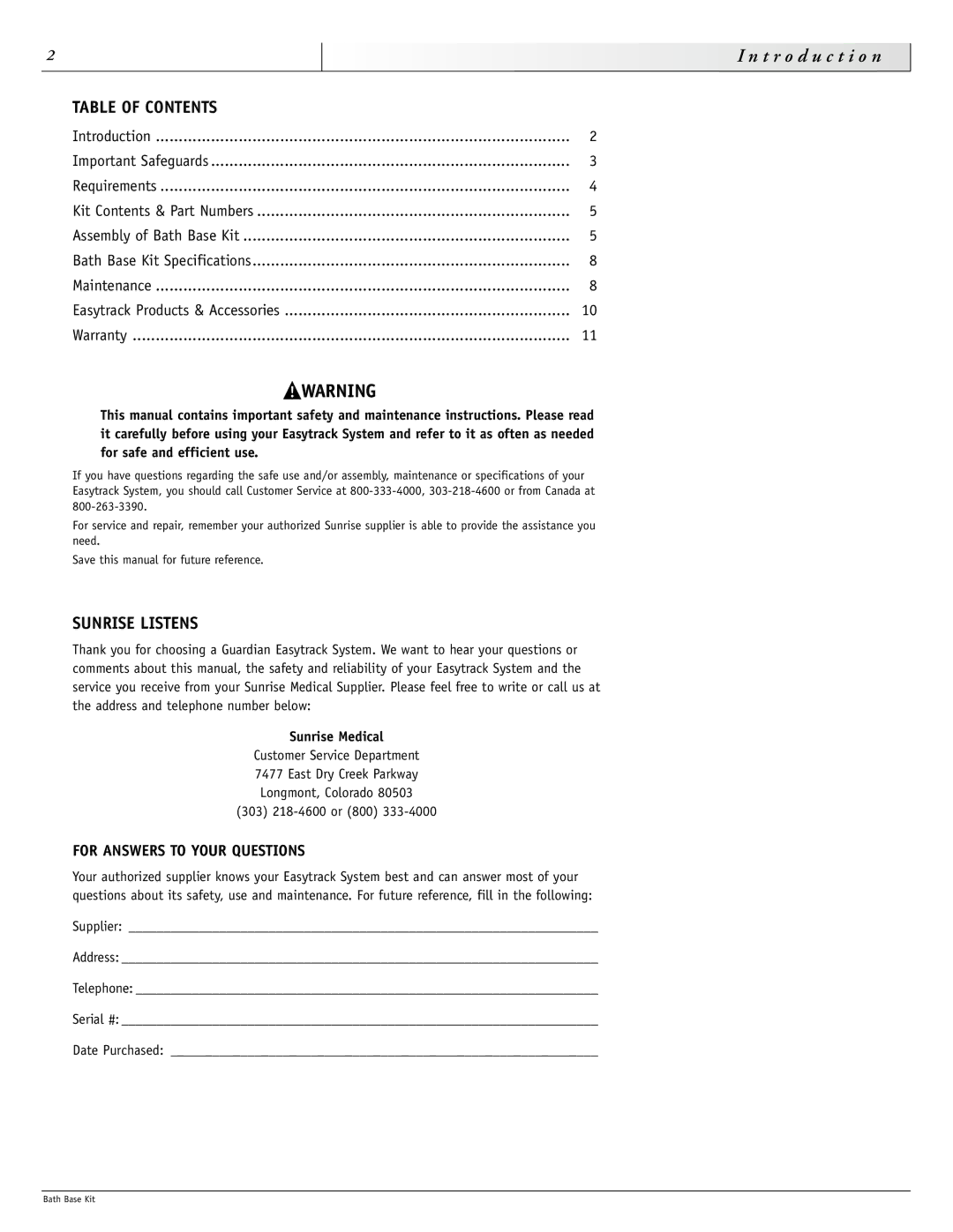 Sunrise Medical 900-0880 instruction manual T r o d u c t i o n, Table of Contents 