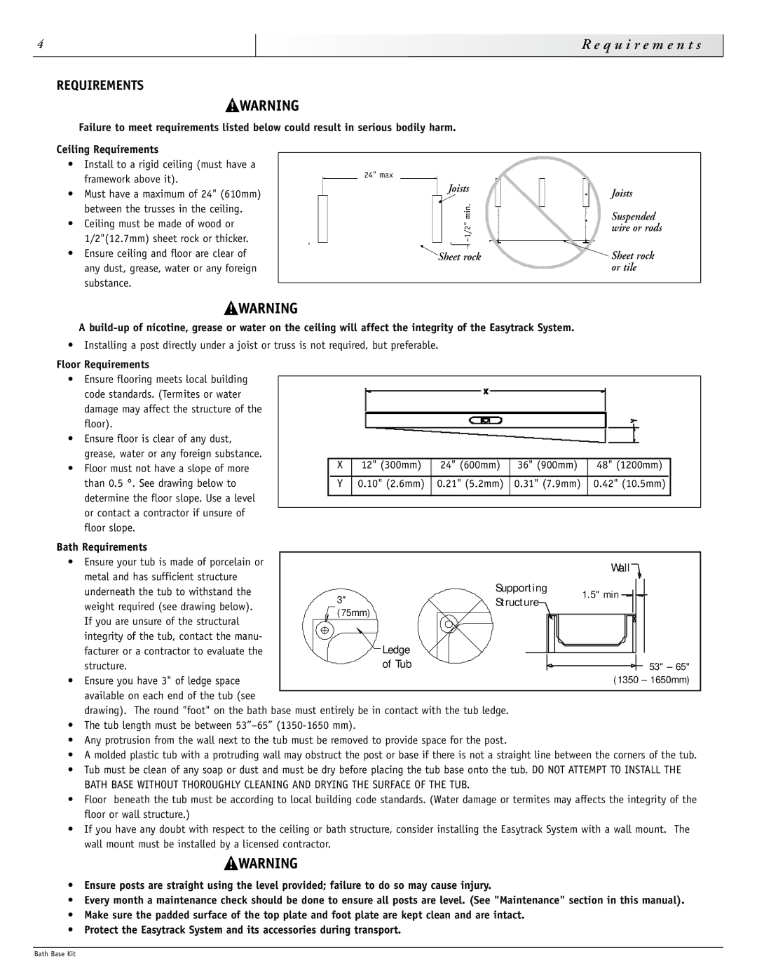 Sunrise Medical 900-0880 instruction manual Q u i r e m e n t s, Floor Requirements, Bath Requirements 