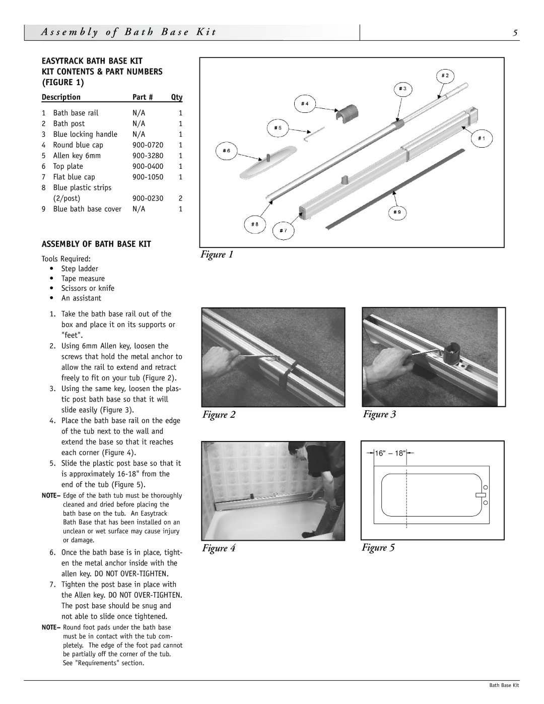 Sunrise Medical 900-0880 Easytrack Bath Base KIT KIT Contents & Part Numbers Figure, Assembly of Bath Base KIT 