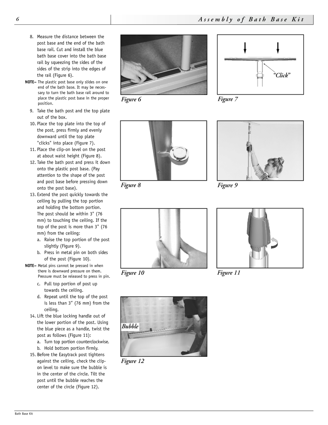 Sunrise Medical 900-0880 instruction manual S e m b l y o f B a t h B a s e K i t, Bubble Click 