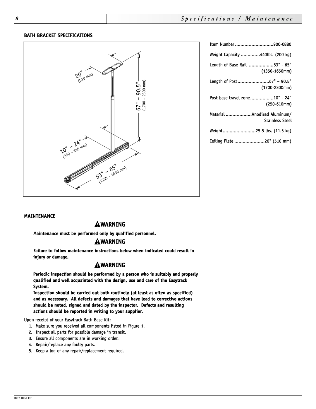 Sunrise Medical 900-0880 instruction manual Bath Bracket Specifications, Maintenance, 90.5, 20 mm, 65 mm 