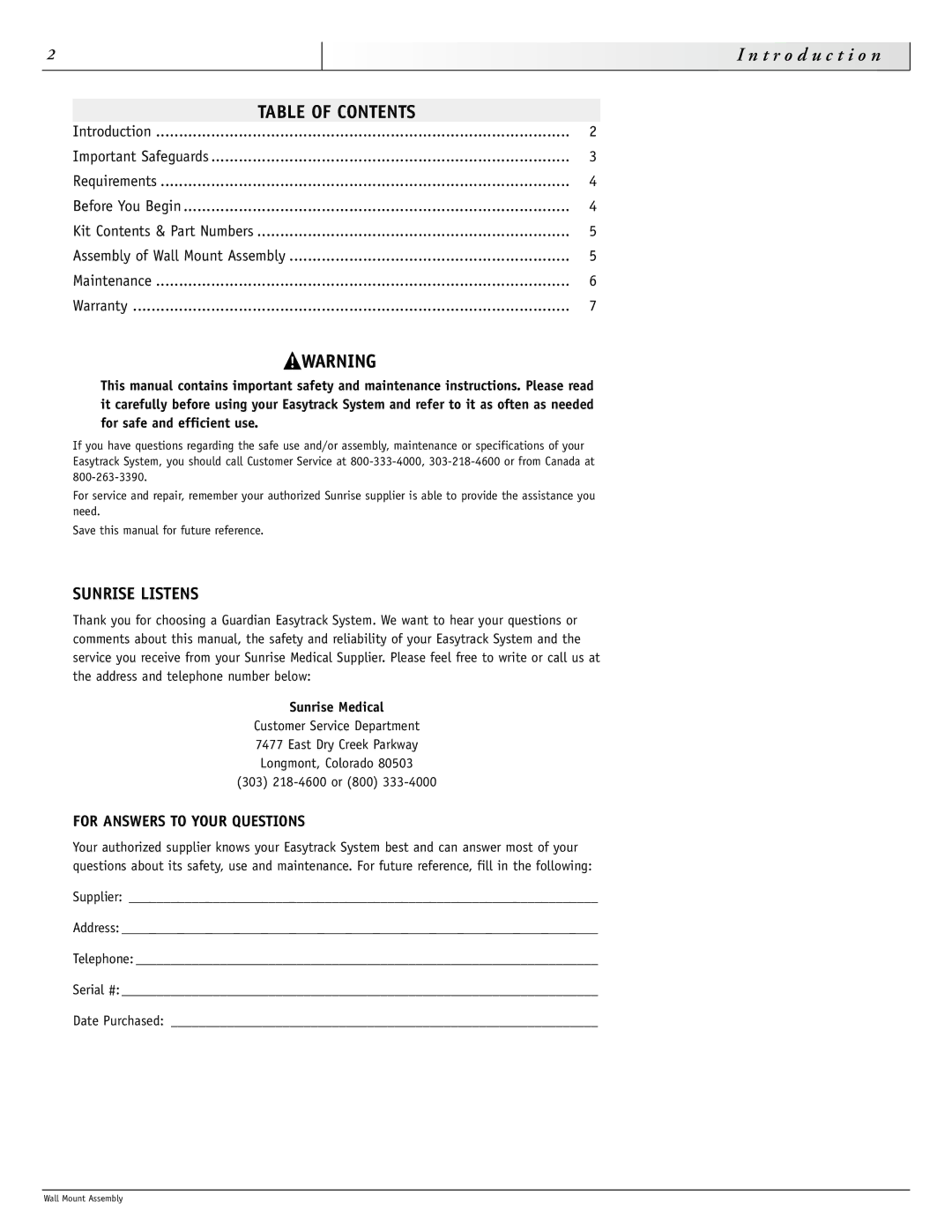 Sunrise Medical 900-1086 instruction manual Table of Contents 