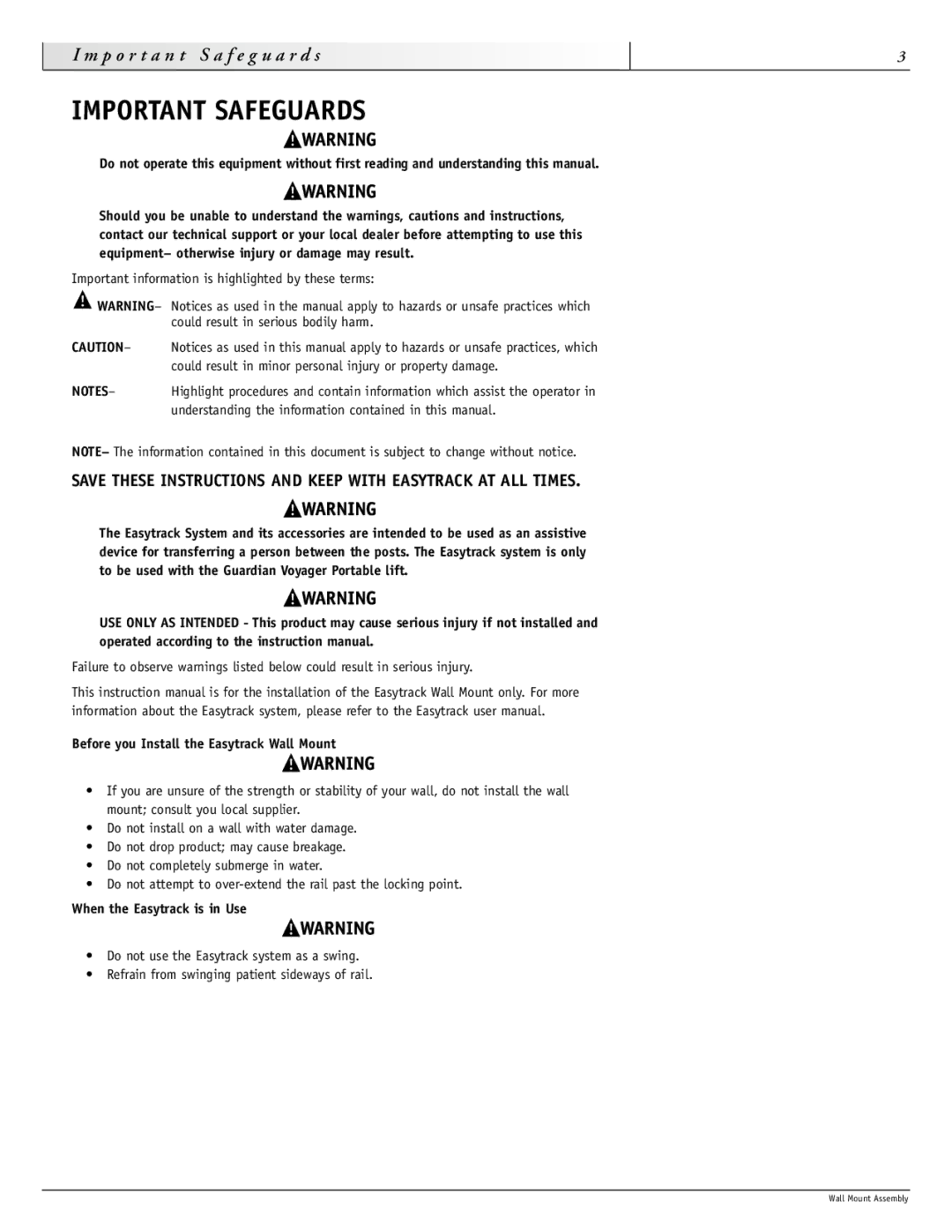 Sunrise Medical 900-1086 instruction manual Before you Install the Easytrack Wall Mount, When the Easytrack is in Use 