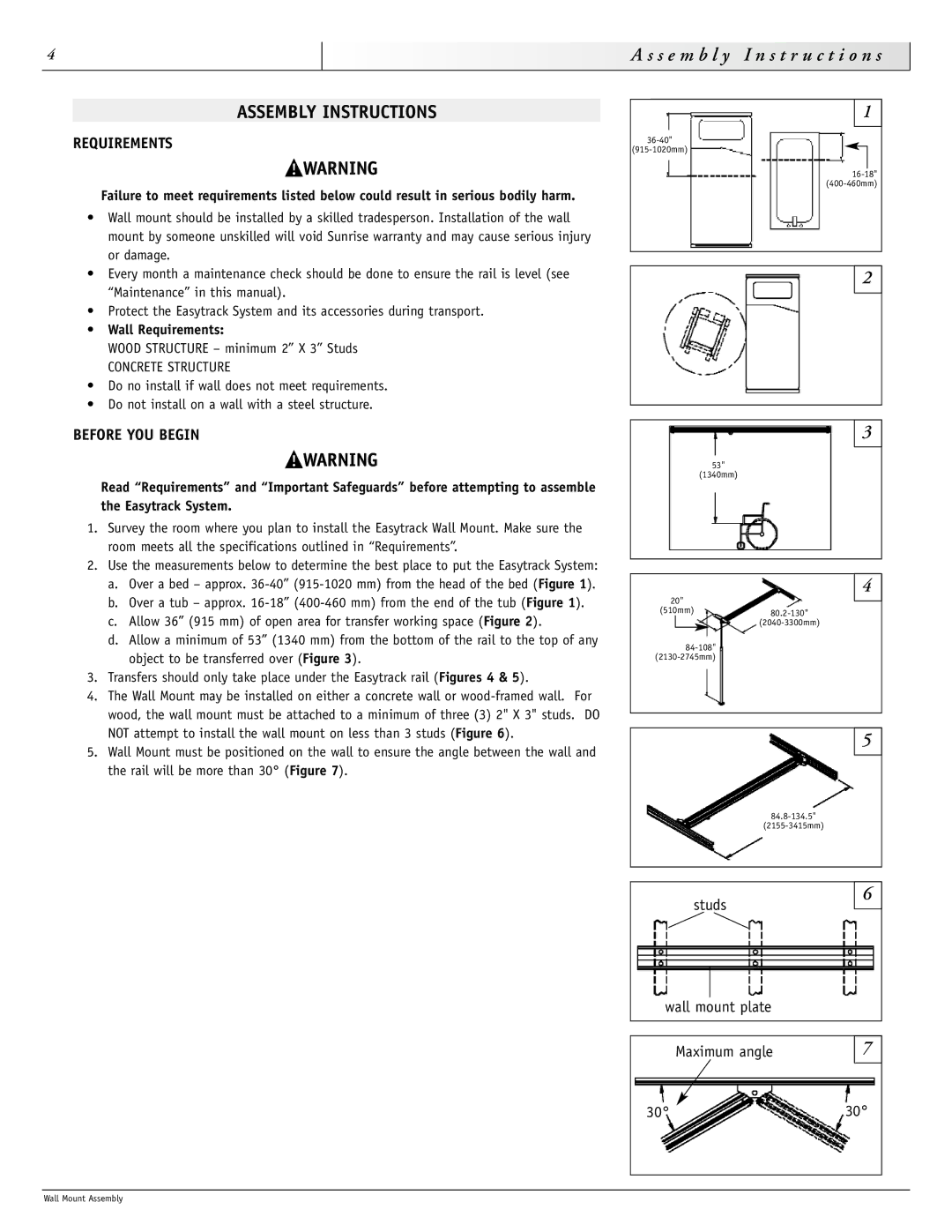 Sunrise Medical 900-1086 Assembly Instructions, Requirements, Before YOU Begin, Studs Wall mount plate Maximum angle 