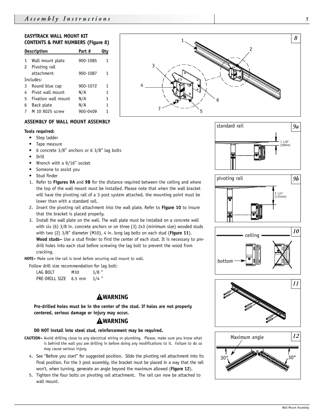 Sunrise Medical 900-1086 instruction manual Assembly of Wall Mount Assembly, Standard rail, Pivoting rail, Ceiling Bottom 