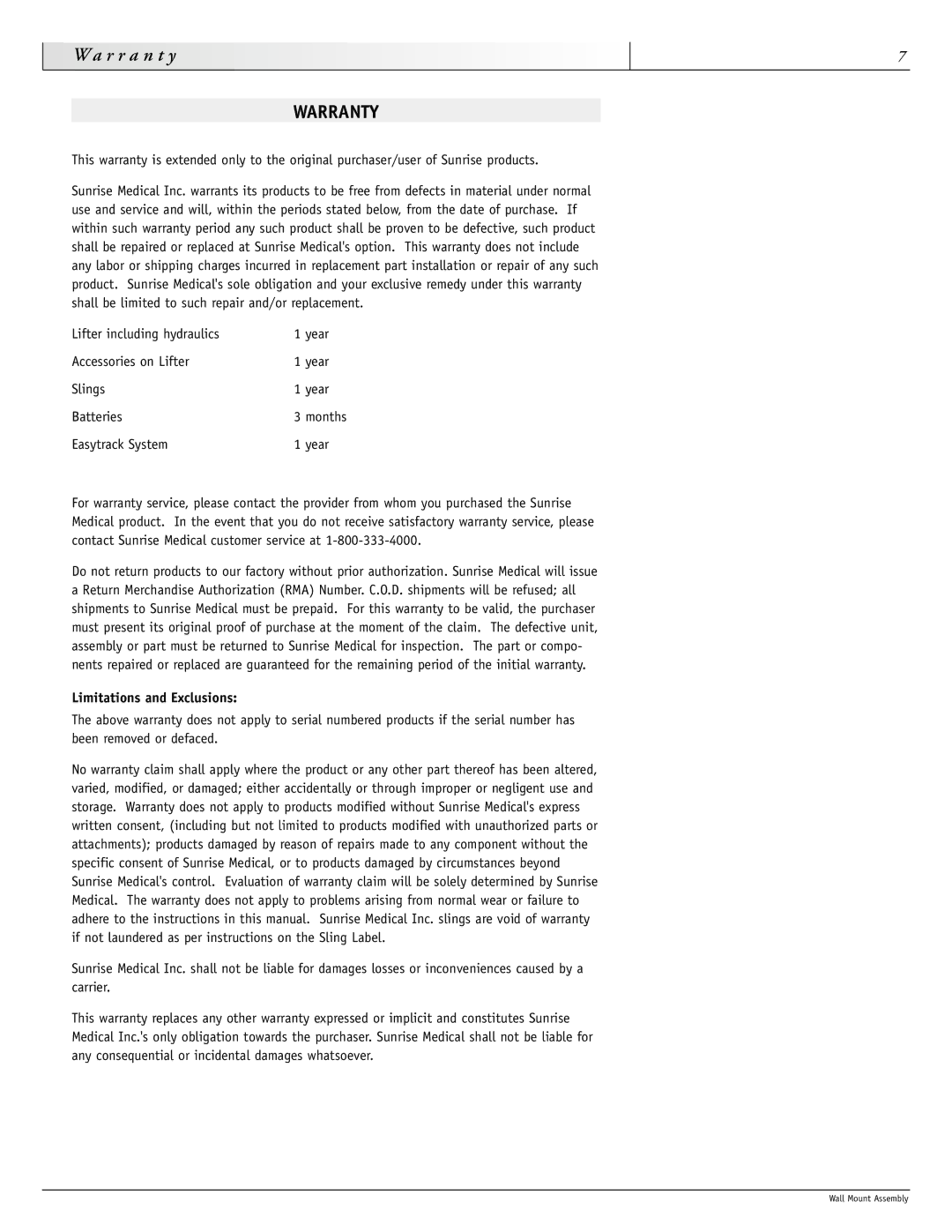 Sunrise Medical 900-1086 instruction manual Warranty, Limitations and Exclusions 
