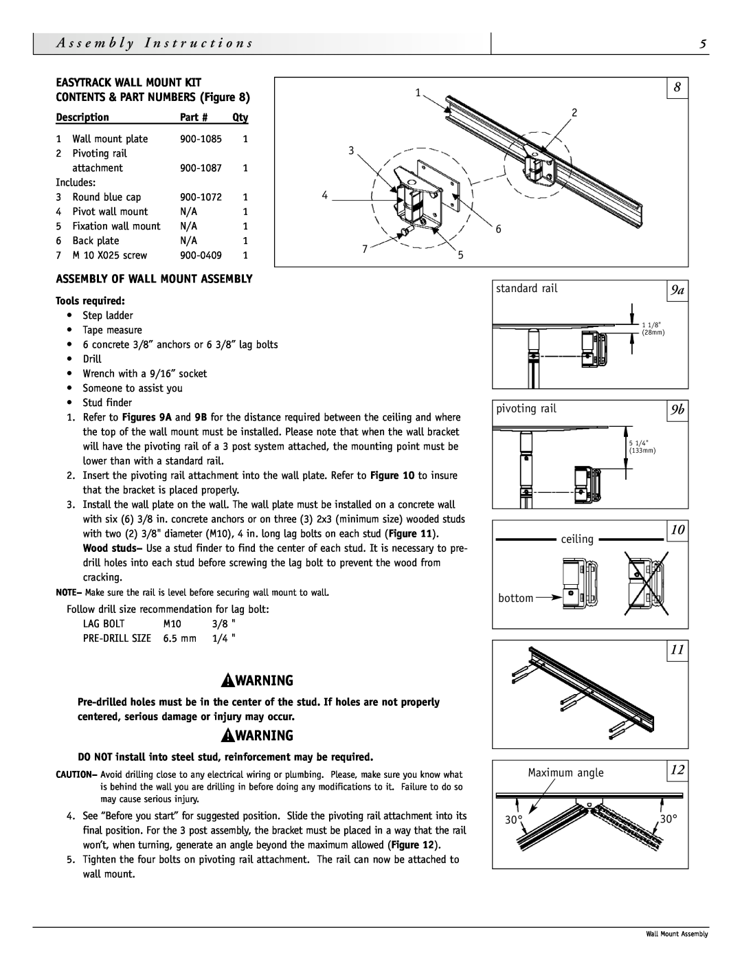 Sunrise Medical 900-1086 Assembly Of Wall Mount Assembly, standard rail, pivoting rail, ceiling bottom, Description 