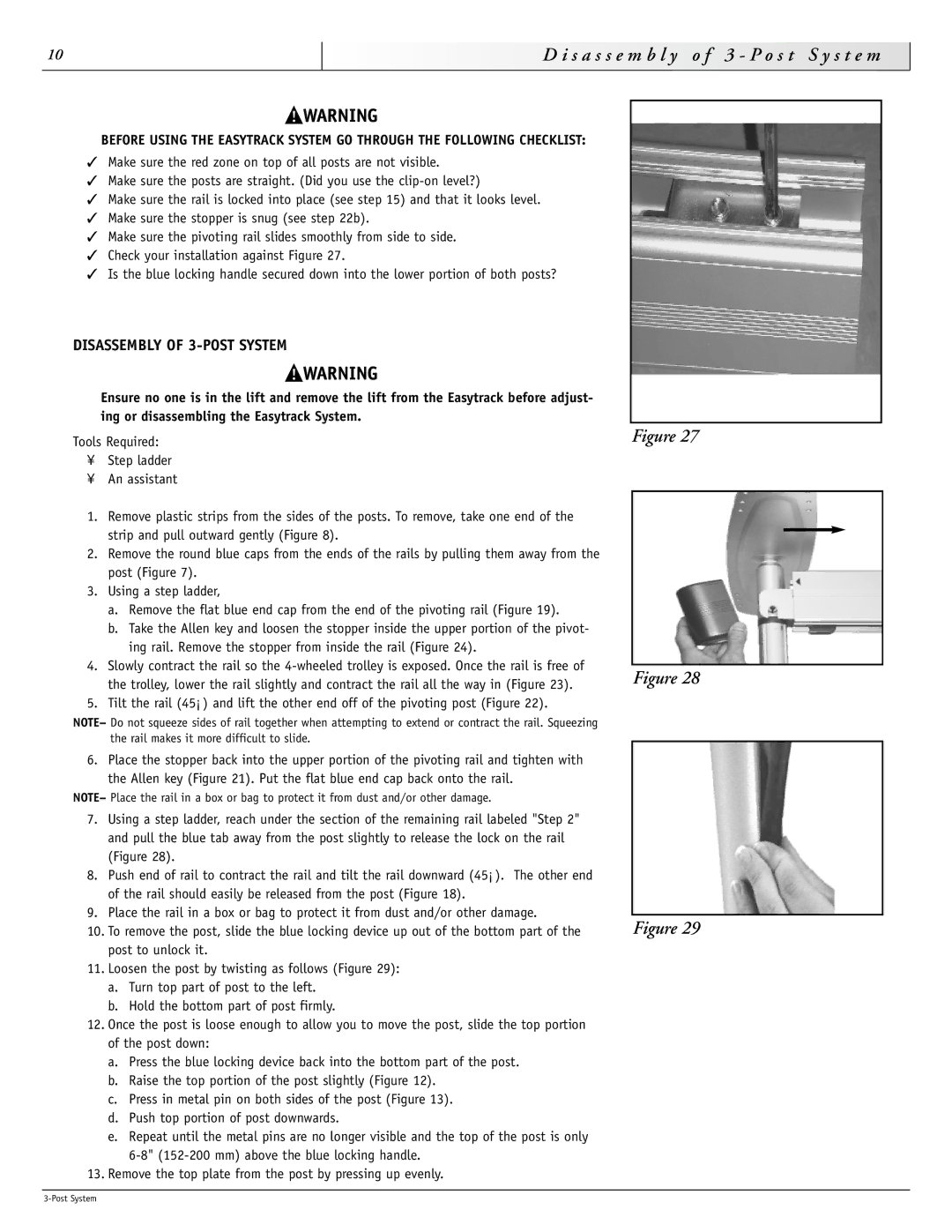 Sunrise Medical 93000 instruction manual S a s s e m b l y o f 3 P o s t S y s t e m, Disassembly of 3-POST System 