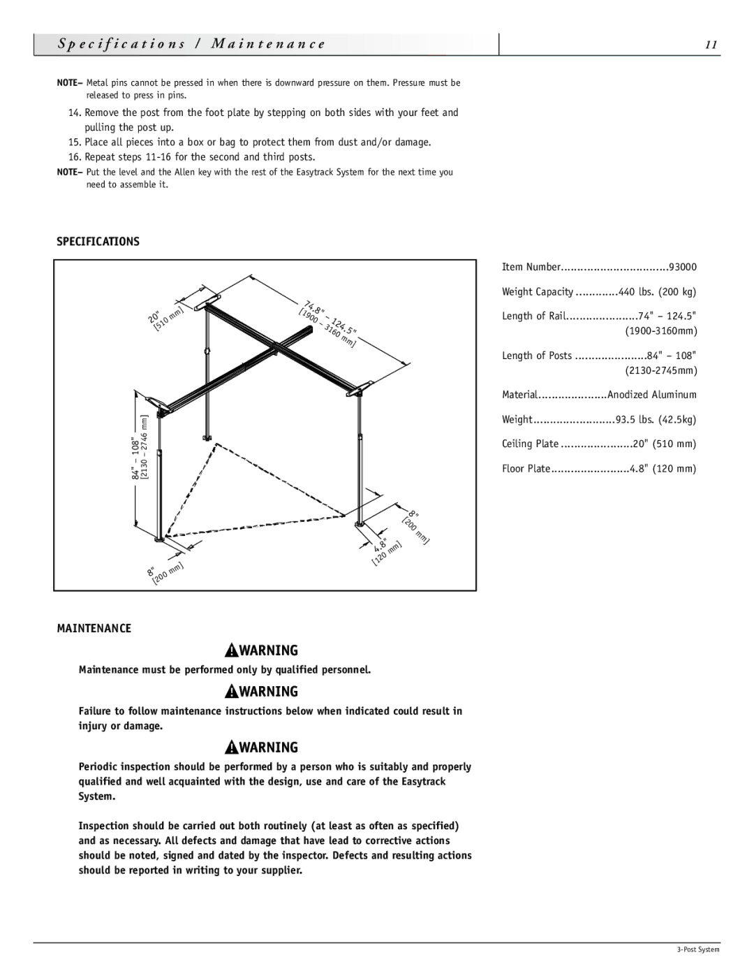 Sunrise Medical 93000 instruction manual Specifications, Maintenance 