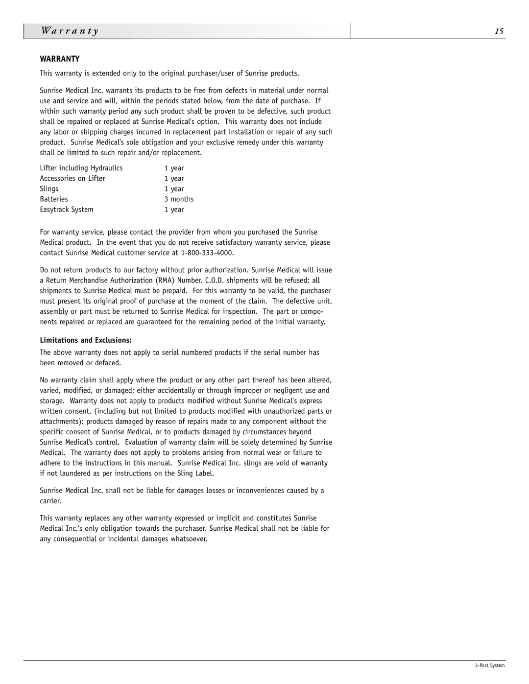 Sunrise Medical 93000 instruction manual R a, Warranty, Limitations and Exclusions 