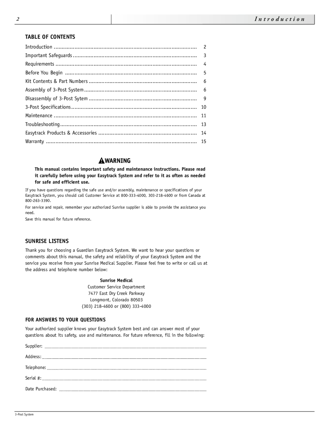 Sunrise Medical 93000 instruction manual T r o d u c t i o n, Table of Contents 