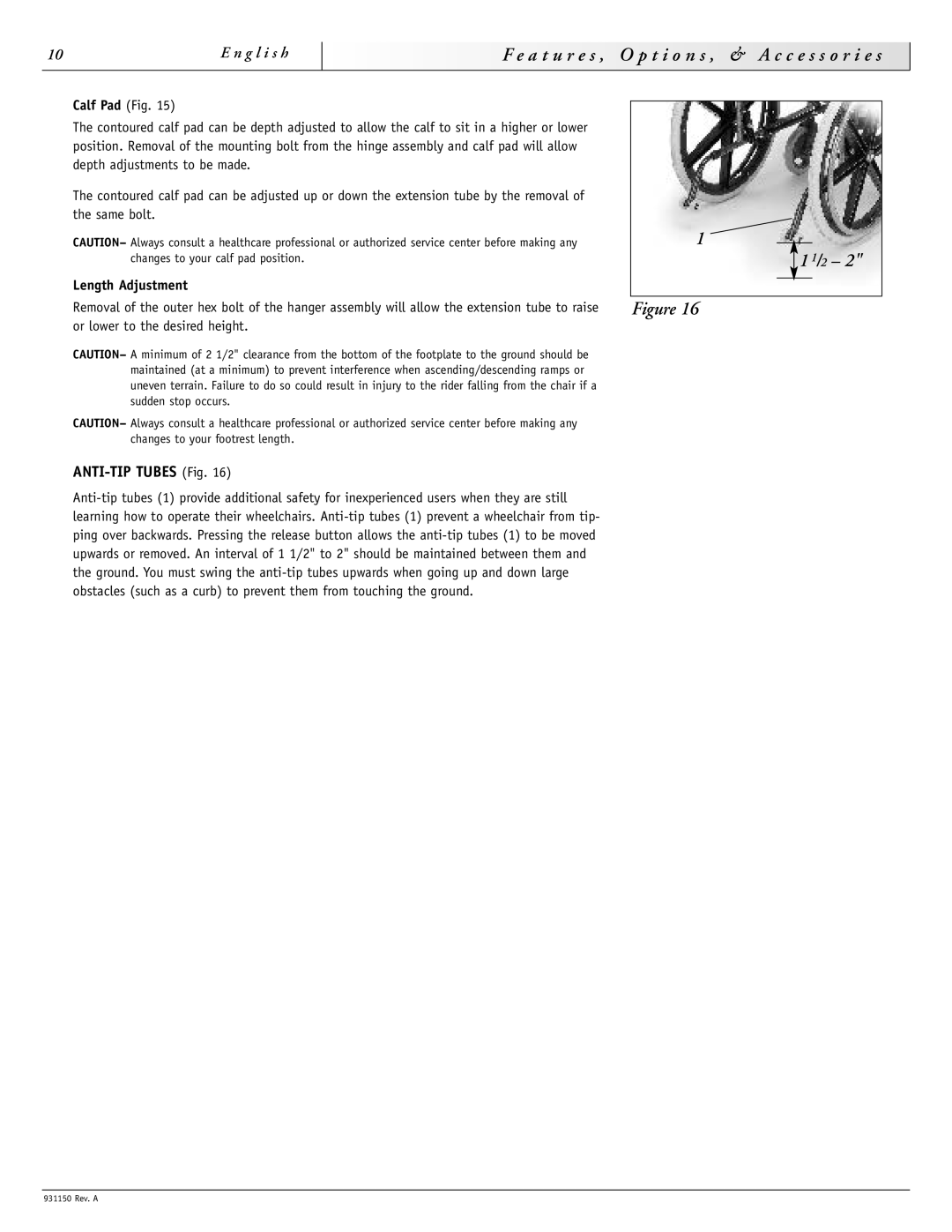 Sunrise Medical 931150 instruction manual ANTI-TIP Tubes Fig, Calf Pad Fig, Length Adjustment 