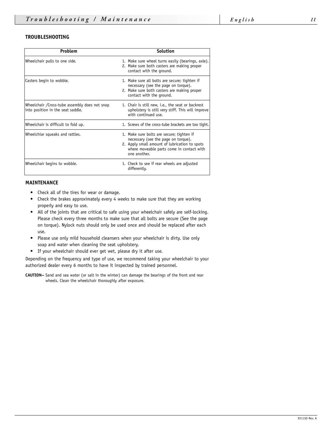 Sunrise Medical 931150 instruction manual Troubleshooting / M a i n t e n a n c e, Maintenance, Problem Solution 